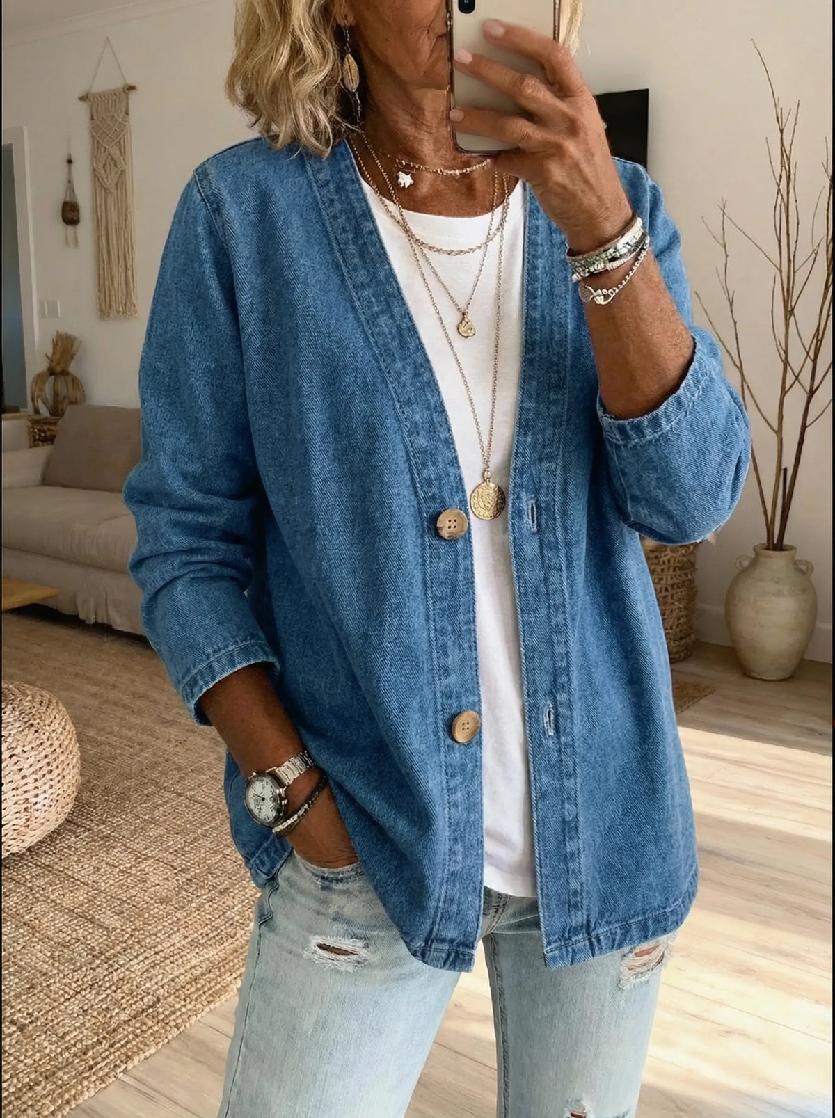 Cardigan Feminino | Denim, Corte Reto | Botões Frontais, Estilo Casual