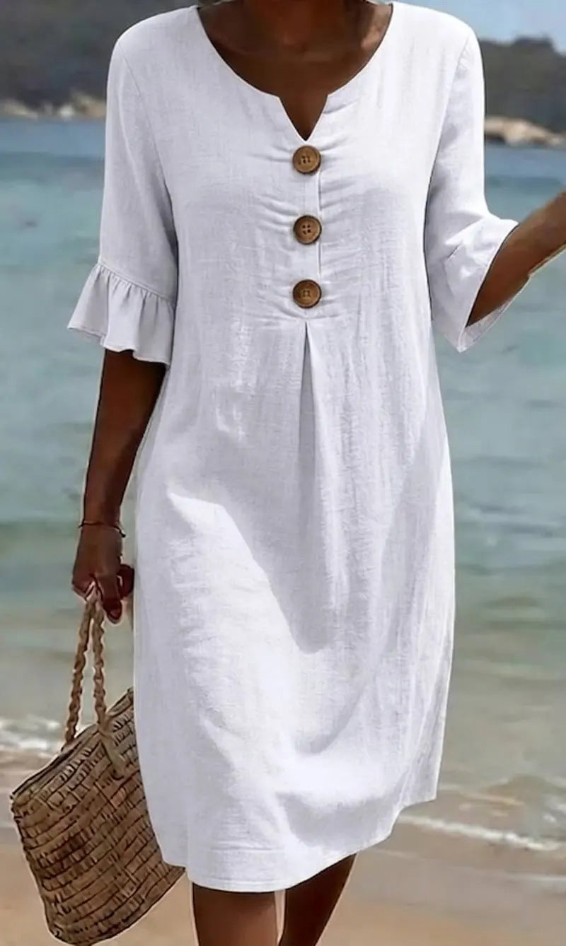 Vera | Mulher Vestido Linho Algodão Midi Botões Solto