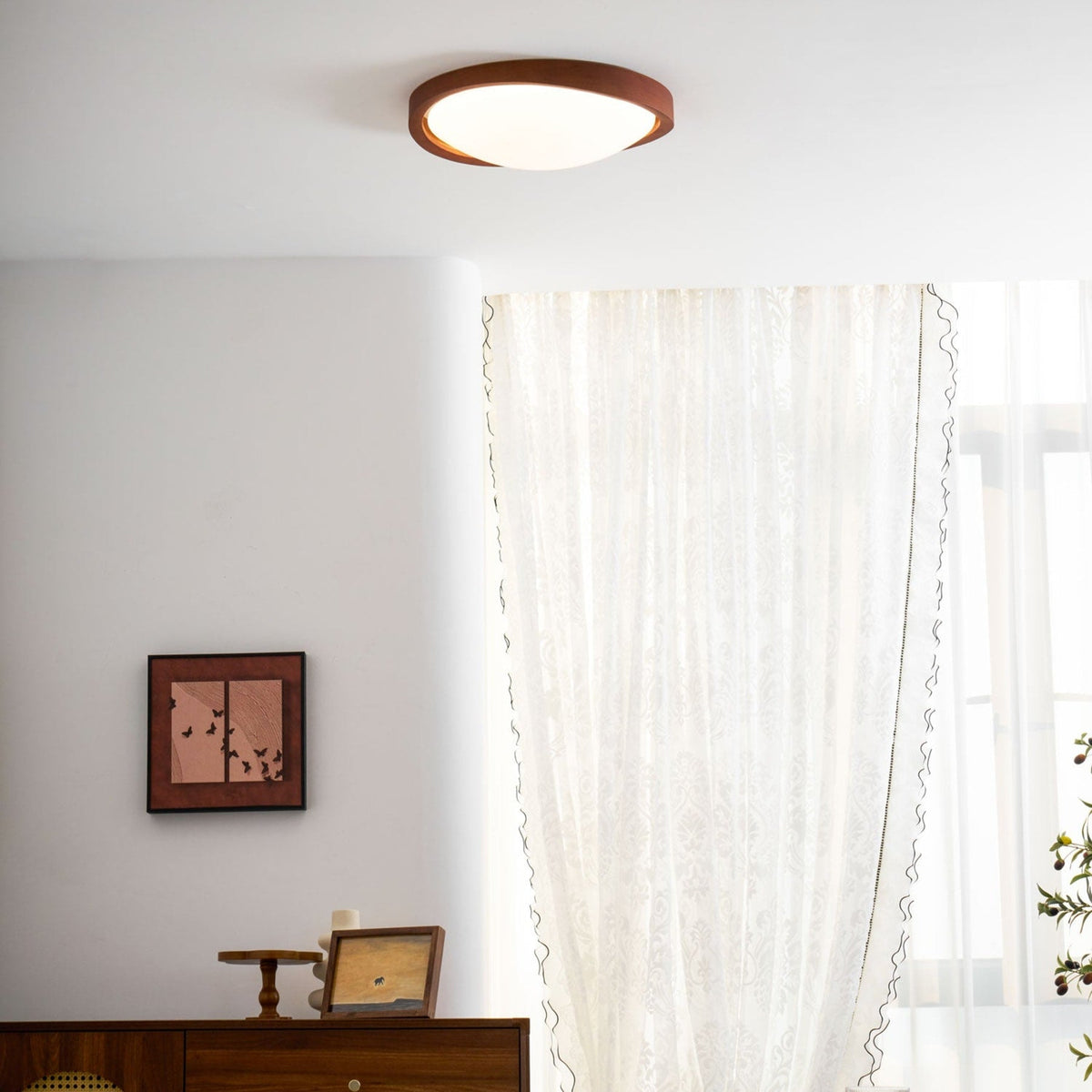 Veda | Candeeiro de Teto Flush | Efeito Madeira, Luz Tri-Cor | Tecido Moderno