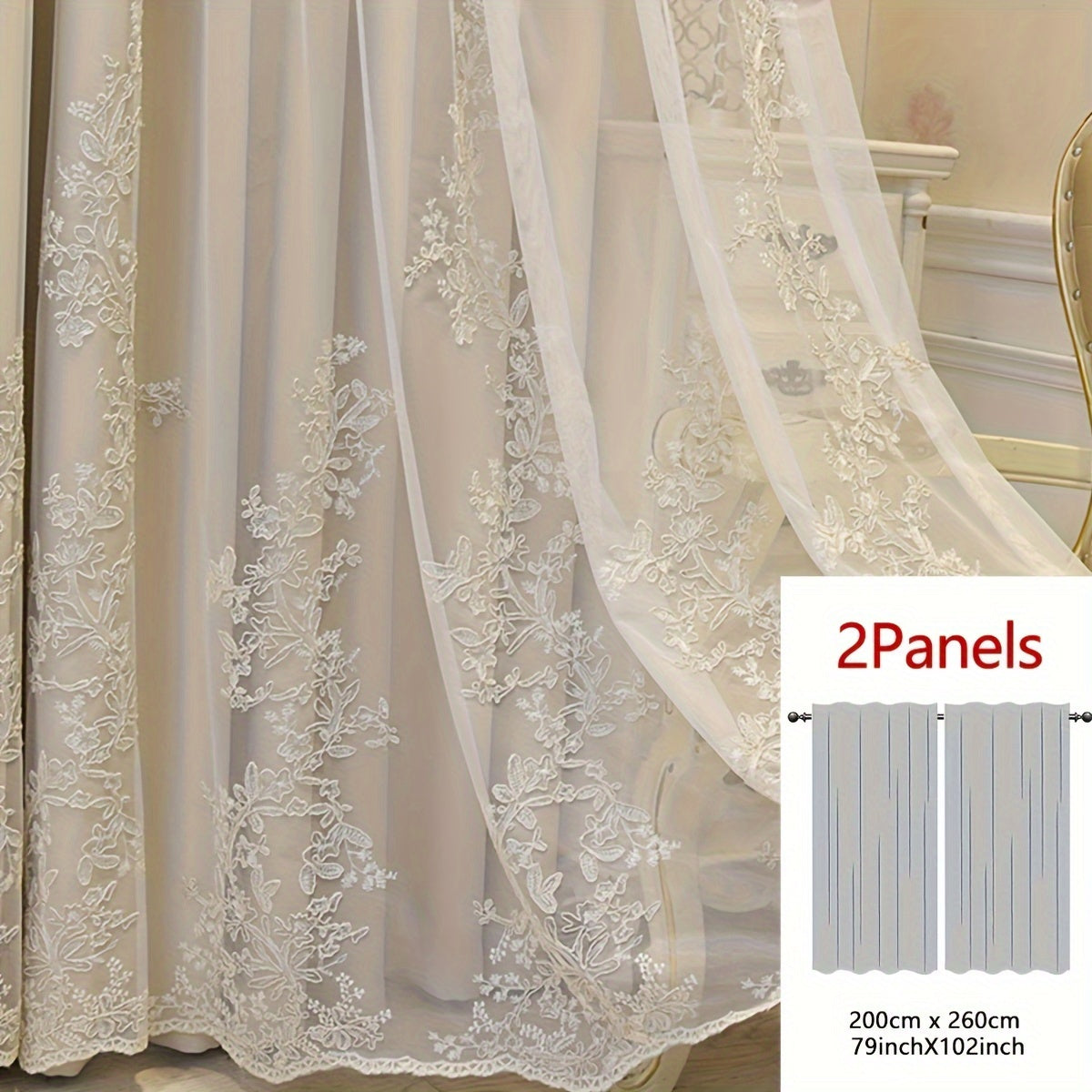 Reva | Cortinas Bordadas Fadas | Filtragem de Luz, Conjunto 2 Painéis | 100% Poliéster, Argolas