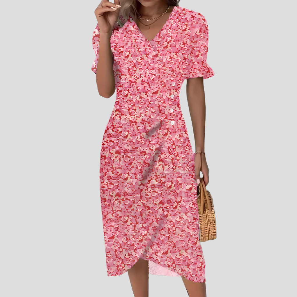 Talia | Vestido Midi Floral Feminino Decote V Mangas Bufantes