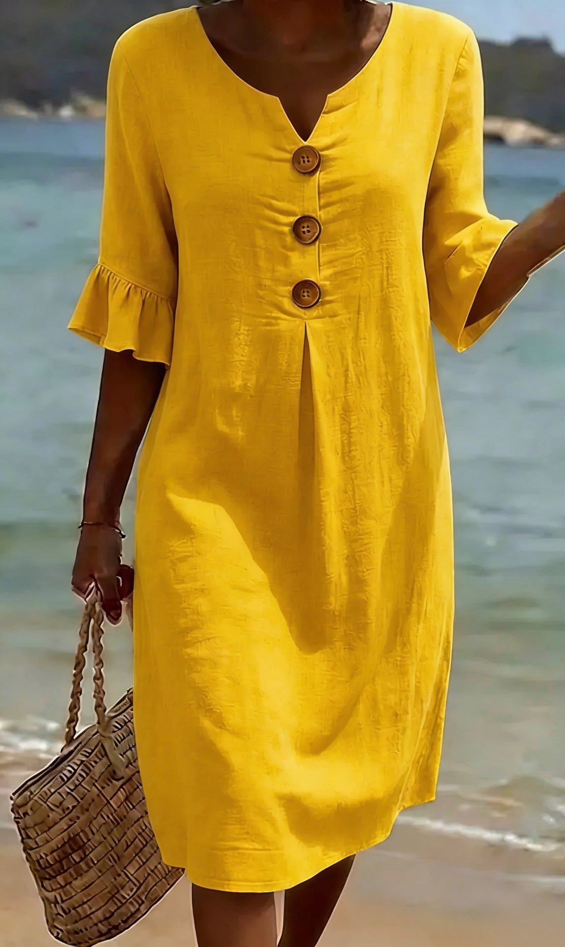 Vestido de Algodão e Linho para Mulher Verão | Botões, Solto, Respirável