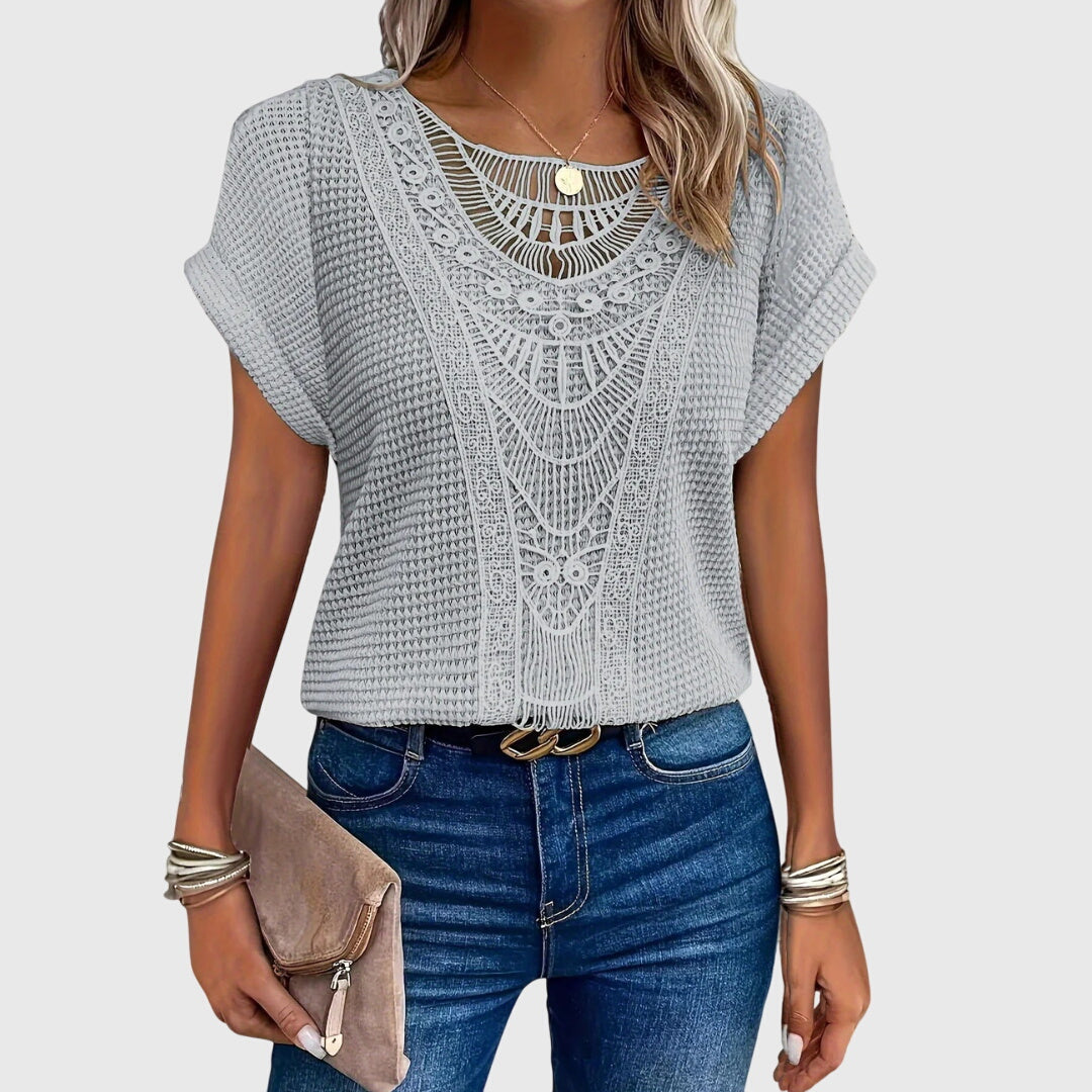 Nova | Blusa Feminina Meia Malha Rendada Decote Redondo
