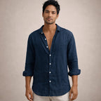 Camisa de Linho Homem | Ajuste Regular, Gola Aberta