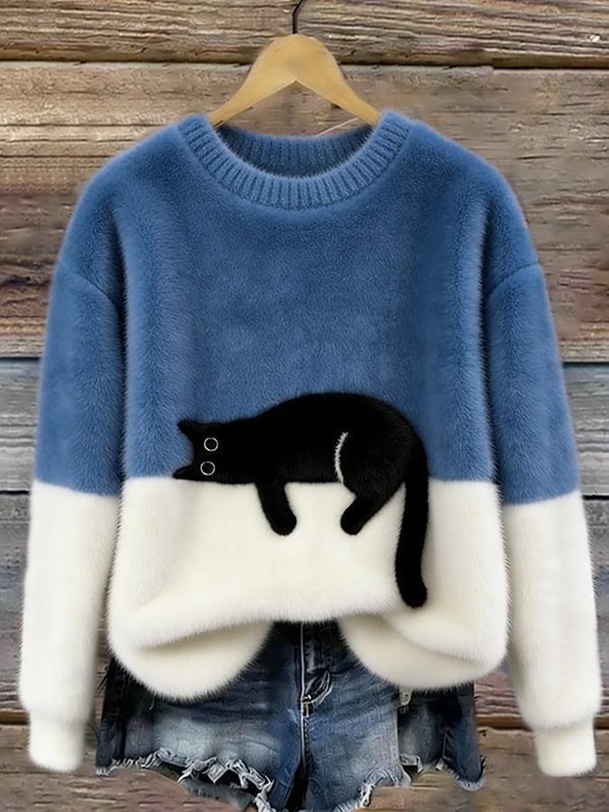 Wilhelmina | Camisola de Malha Color Block com Motivo de Gato