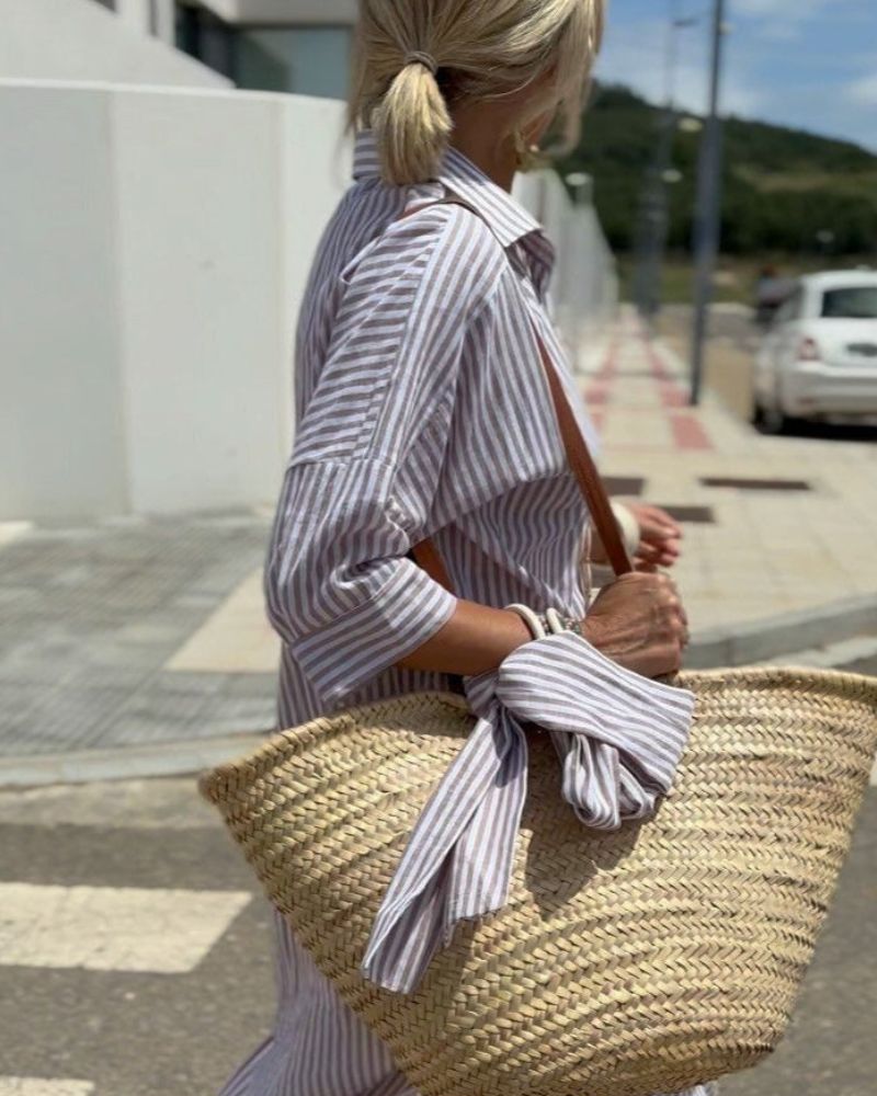 Nora | Mulher Vestido Midi Camiseiro Às Riscas com Botões