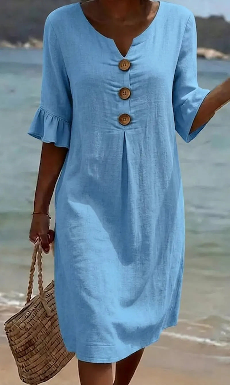 Vestido de Algodão e Linho para Mulher Verão | Botões, Solto, Respirável