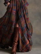 Rosalind | Vestido Maxi Xadrez Étnico Retrô com Lapela