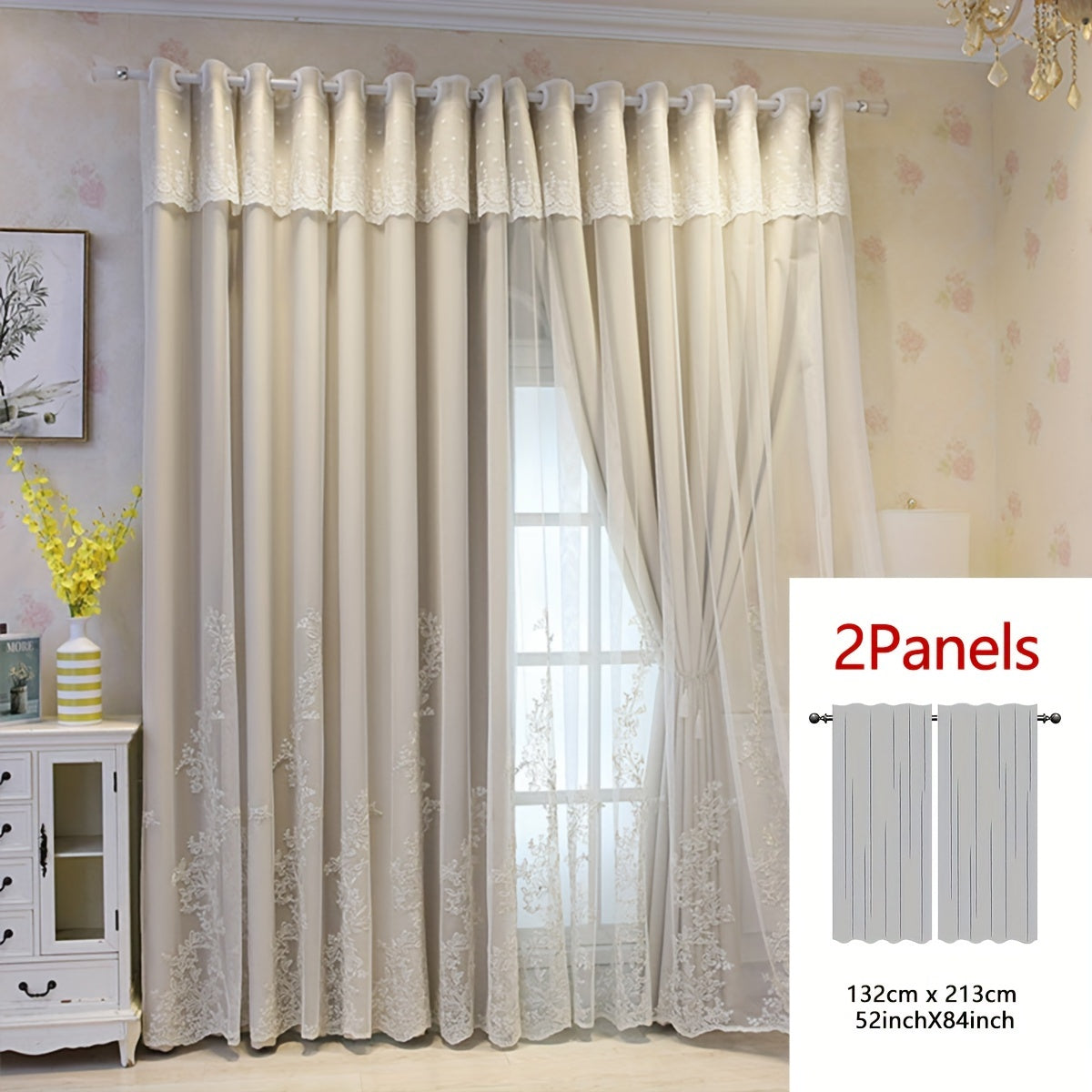 Reva | Cortinas Bordadas Fadas | Filtragem de Luz, Conjunto 2 Painéis | 100% Poliéster, Argolas