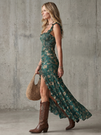 Greta | Vestido Midi Franzido Alças com Babados Fenda Frontal