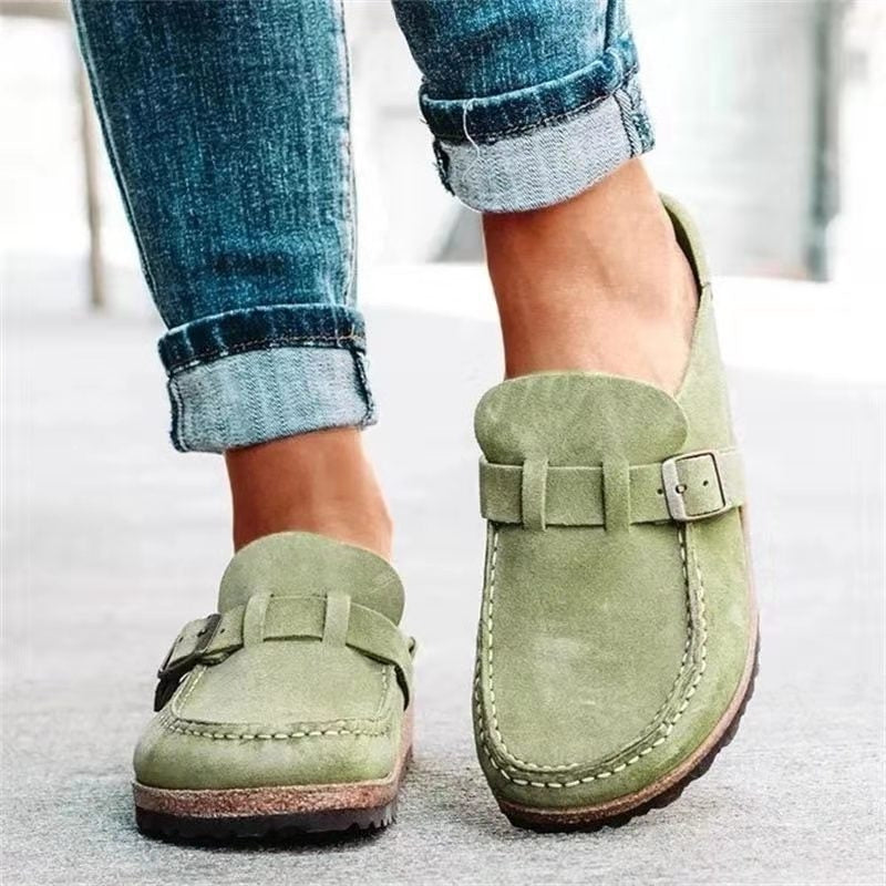 Cassia | Mulher Camurça Mules Ortopédicas Plataforma Fivela