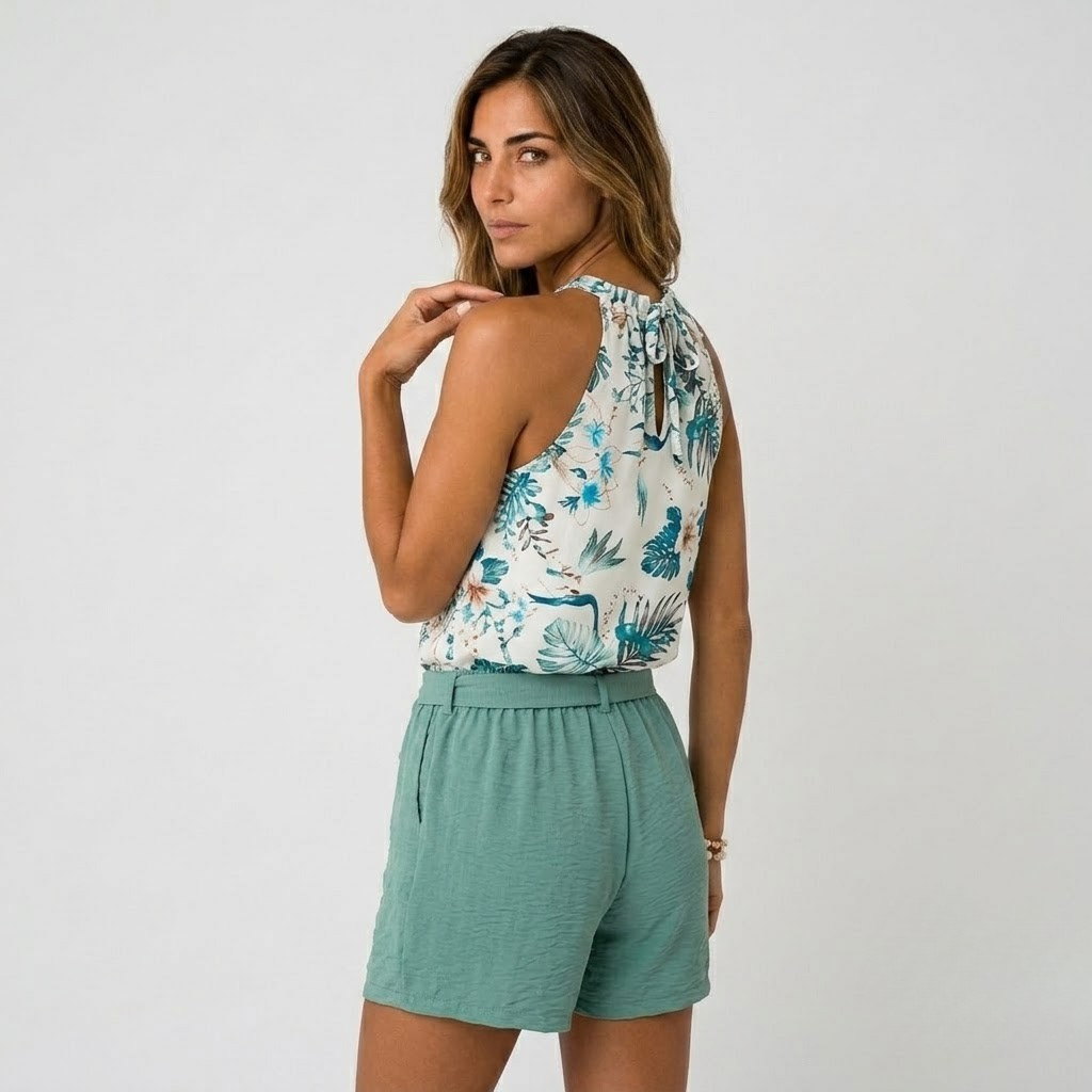 Conjunto fluido top y short | Branco e verde água | Feminino