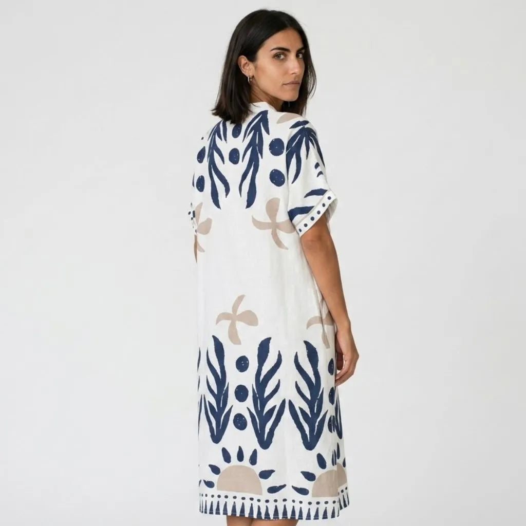 Vestido midi túnica | Corte amplo, linho branco | Conforto elegante