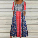 Ottoline | Vestido Midi Feminino Estampado Boho Decote Quadrado Manga Curta