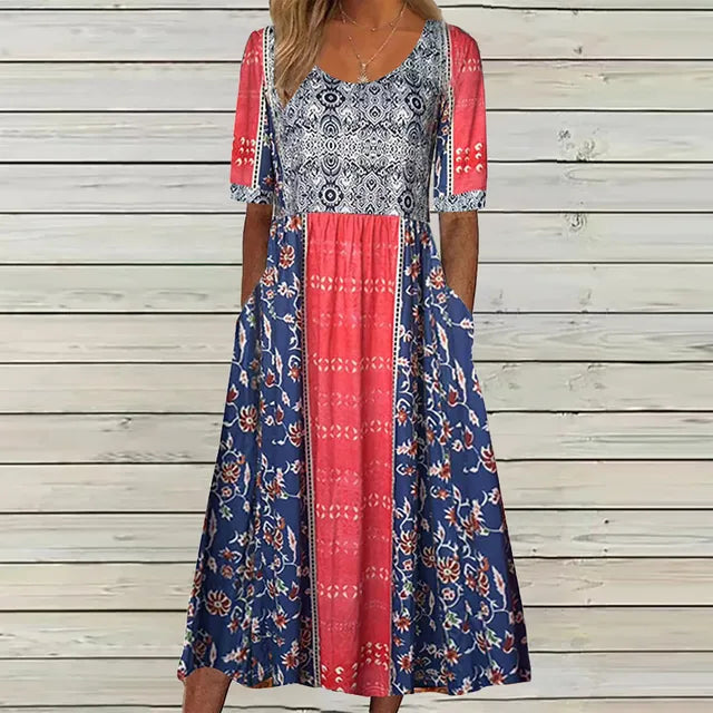 Ottoline | Vestido Midi Feminino Estampado Boho Decote Quadrado Manga Curta