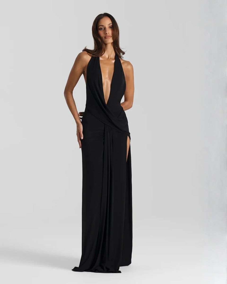 Luna | Vestido Maxi Halter Decote Costas Abertas Fenda Lateral