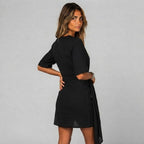 Vestido Curto Cruzado com Lazada | Viscosa, Decote em V | Mulher