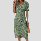 Talia | Vestido Midi Floral Feminino Decote V Mangas Bufantes
