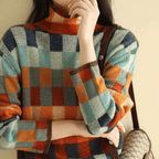Mulher Camisola de Gola Alta Cashmere Patchwork