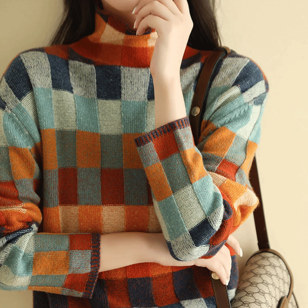 Mulher Camisola de Gola Alta Cashmere Patchwork