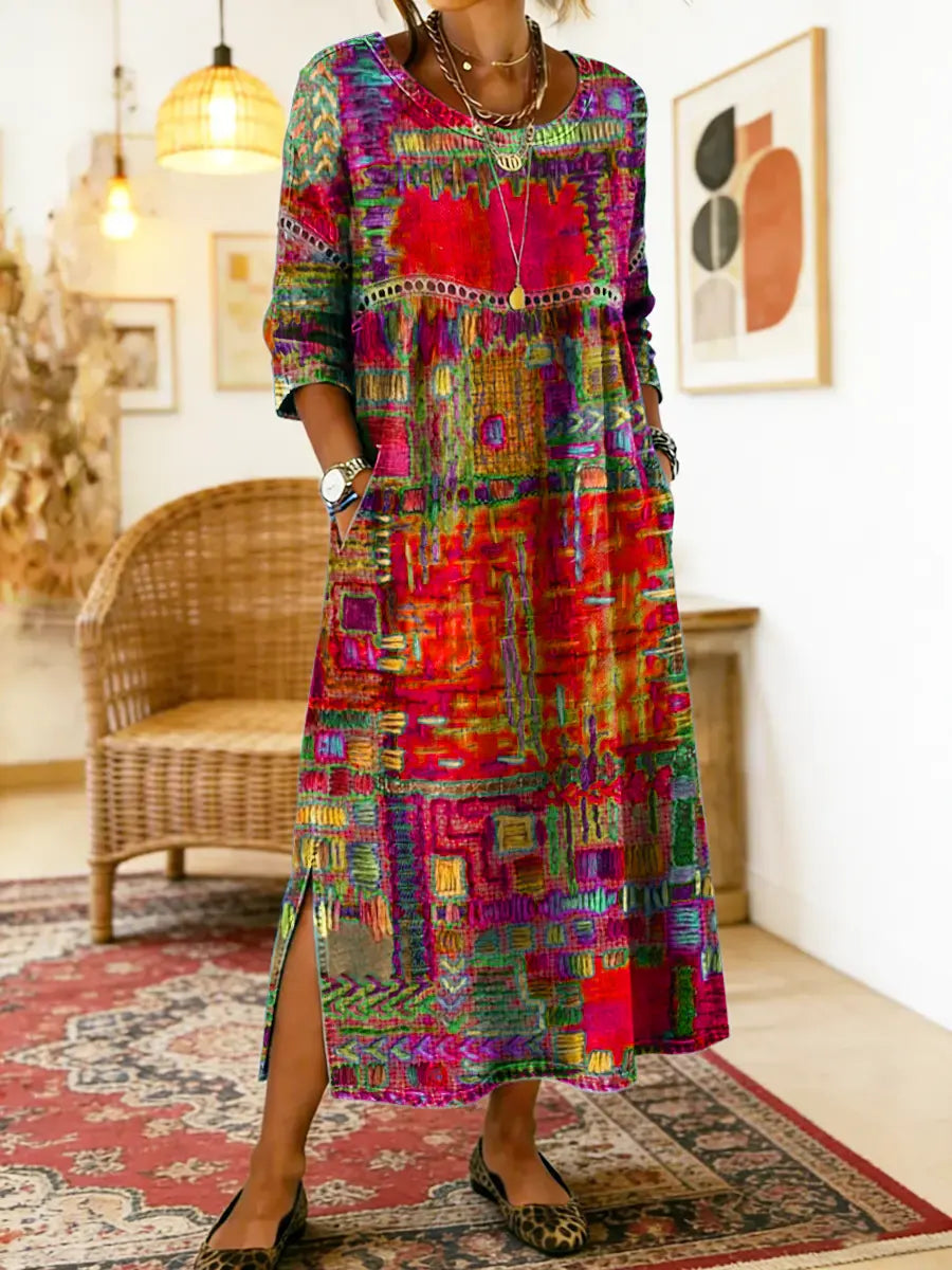 Lena | Vestido Jeans com Patchwork Étnico Feminino