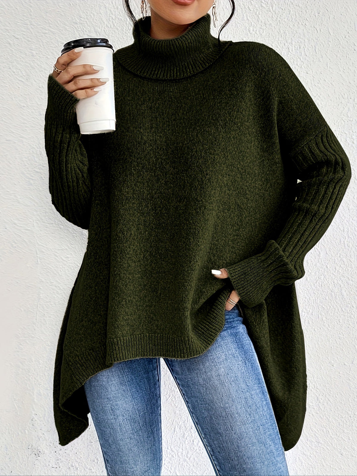 Mulher Camisola Tricot Gola Alta Assimétrica
