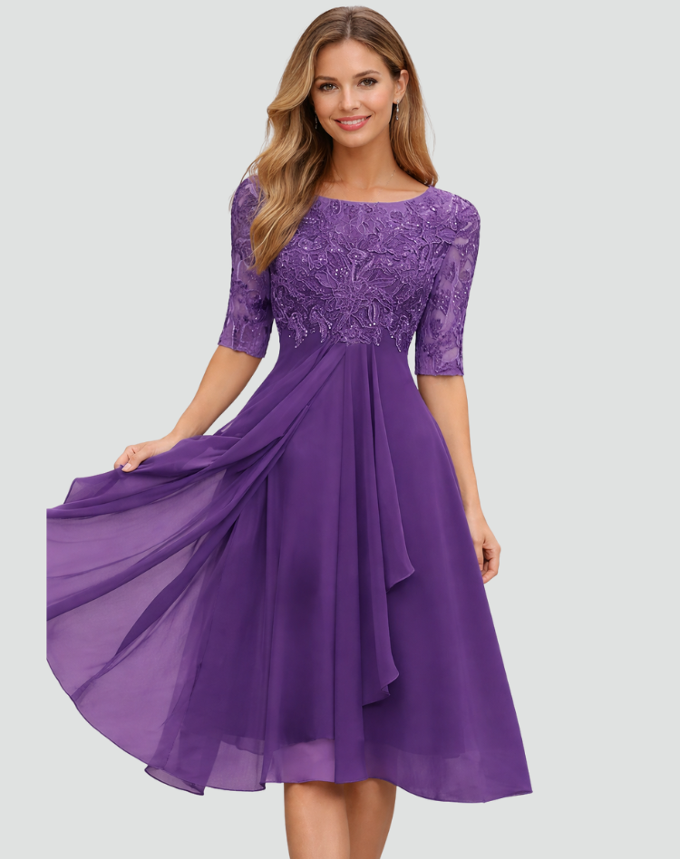 Vestido Midi de Festa Mulher | Renda, Manga Três Quartos | Corte Regular