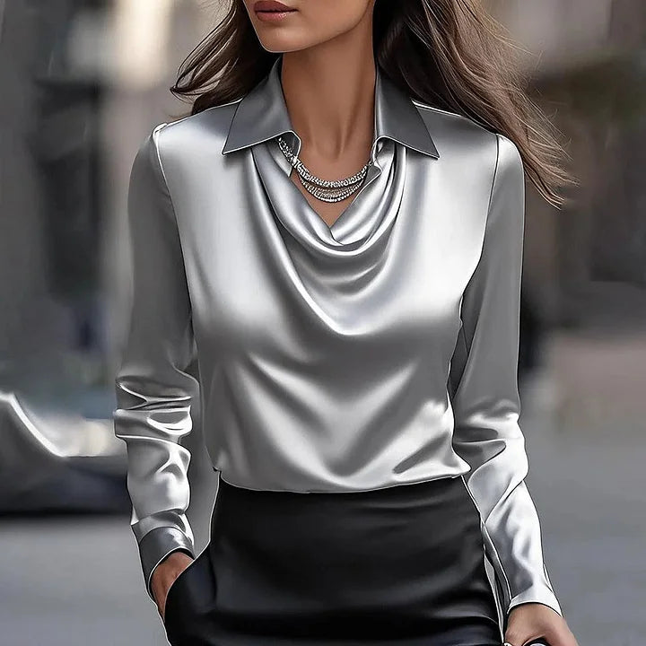 Kestrel | Blusa Cetim Feminina Manga Longa Decote Cascata