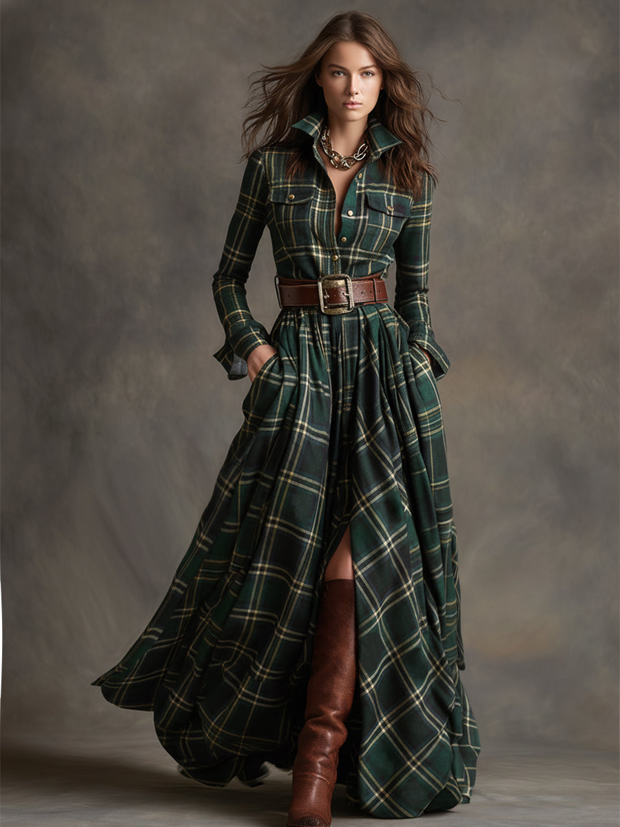 Rosalind | Vestido Maxi Xadrez Étnico Retrô com Lapela