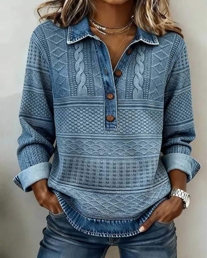 Juno | Sweatshirt Mulher Gola Denim Meia Abertura Textura Trançada