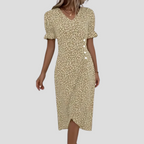 Talia | Vestido Midi Floral Feminino Decote V Mangas Bufantes