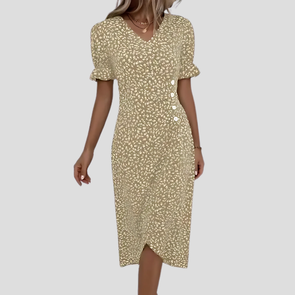 Talia | Vestido Midi Floral Feminino Decote V Mangas Bufantes