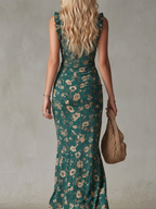 Greta | Vestido Midi Franzido Alças com Babados Fenda Frontal