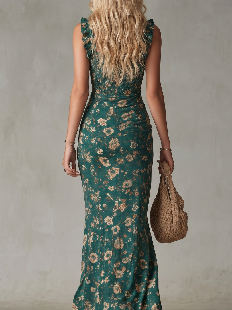 Greta | Vestido Midi Franzido Alças com Babados Fenda Frontal