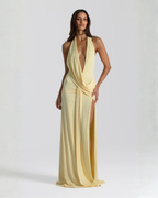 Luna | Vestido Maxi Halter Decote Costas Abertas Fenda Lateral