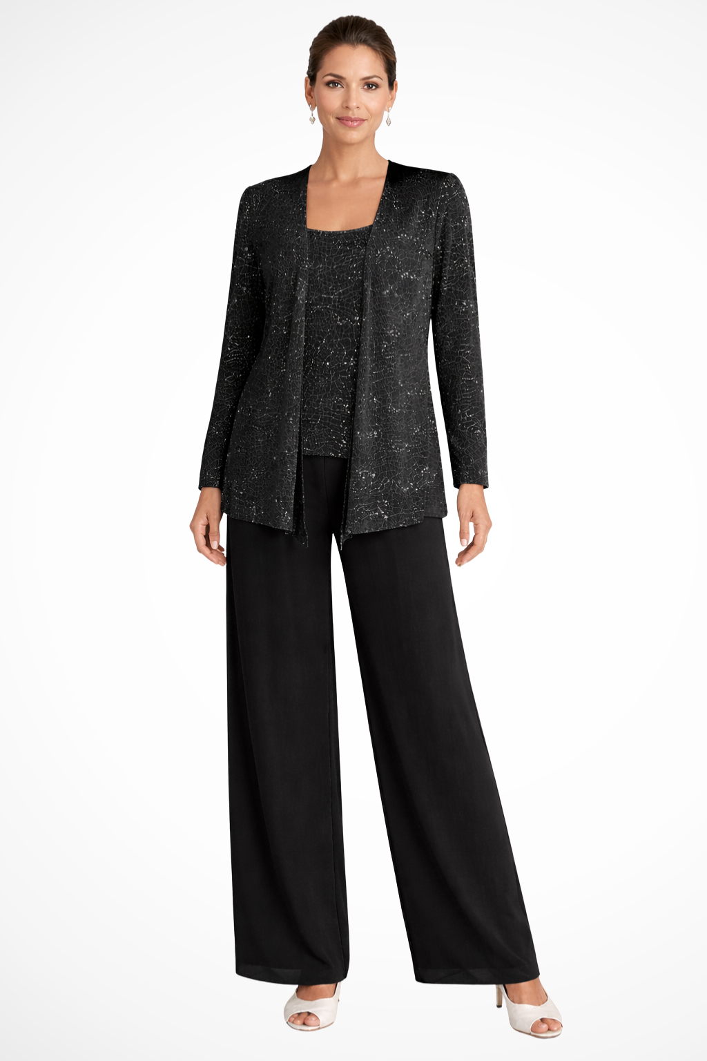 Lux | Mulher Conjunto 3 Peças Renda Lantejoulas Calça Perna Larga