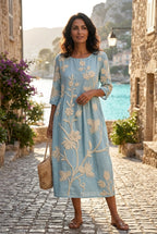 Vianne | Vestido Midi Bordado Floral Linho Algodão Mangas Três Quartos