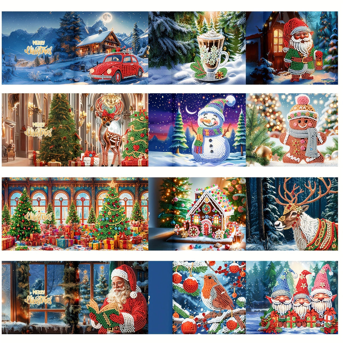 Neela | Kit de Cartões de Natal com Diamond Painting | 12 Unidades, Pai Natal e Animais | DIY Criativo