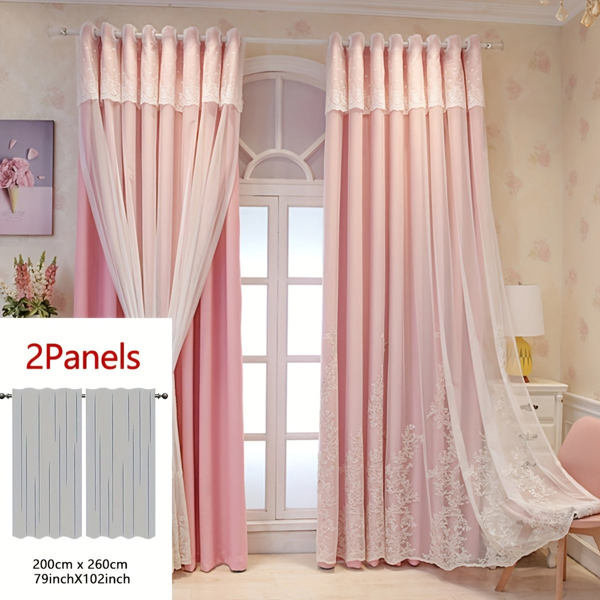 Reva | Cortinas Bordadas Fadas | Filtragem de Luz, Conjunto 2 Painéis | 100% Poliéster, Argolas