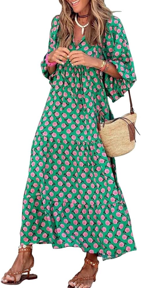 Ondine | Mulher Vestido Maxi Boho Estampado Geométrico Decote V