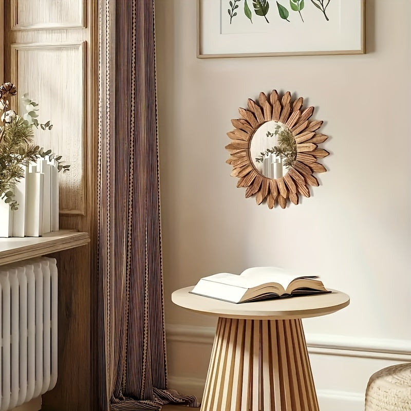 Tessa | Espelho de Parede Redondo | Estilo Boho, Madeira, Girassol | Decorativo