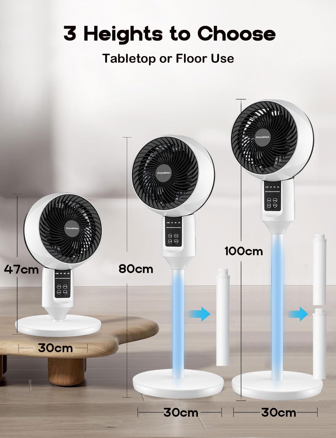 Nina | Ventilador de Coluna | Oscilação 3D, 3 Modos, Silencioso 26dB | Altura Ajustável