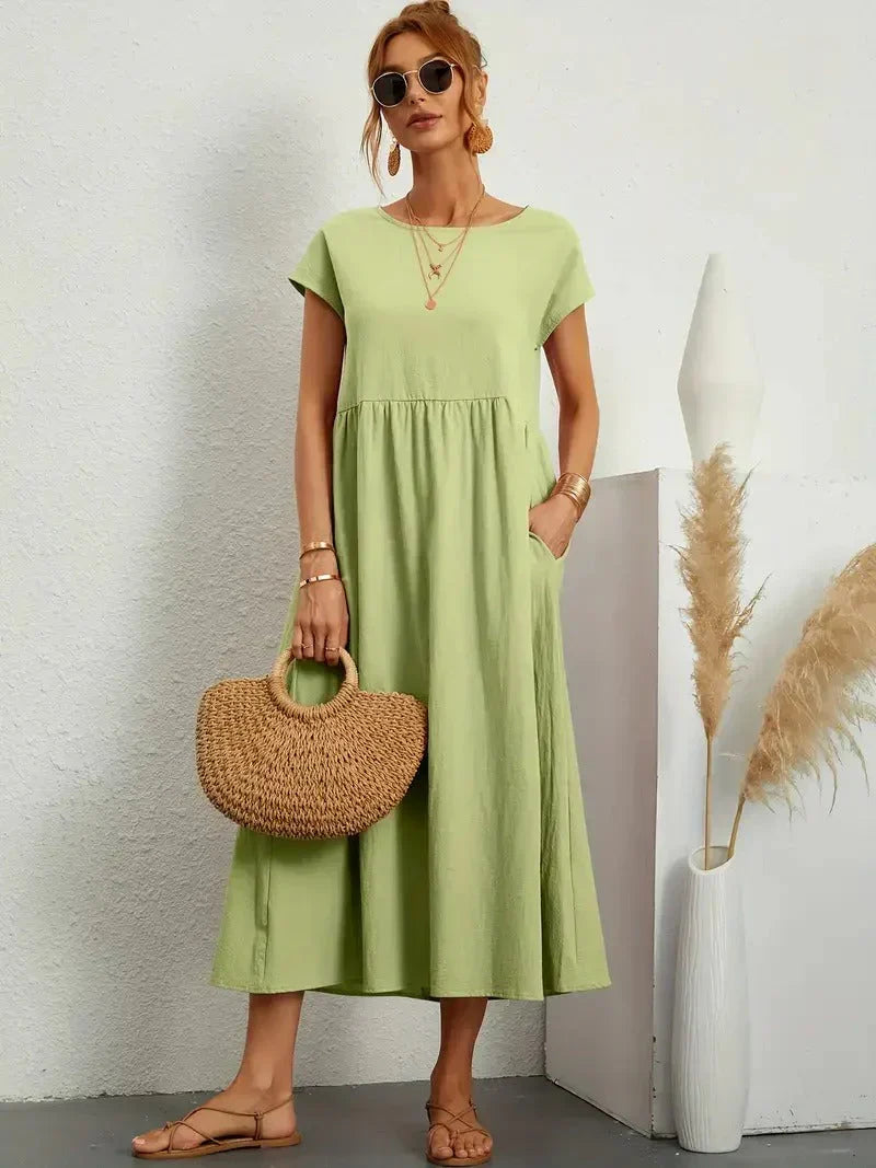 Embla | Vestido Longo Feminino Casual com Bolsos Mangas Curtas