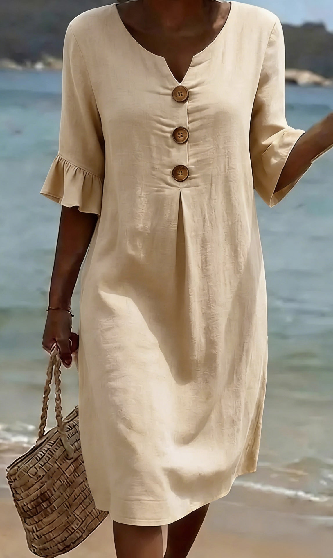 Vestido de Algodão e Linho para Mulher Verão | Botões, Solto, Respirável