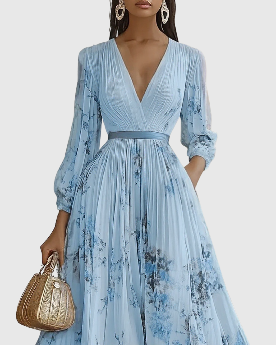 Xena | Vestido Maxi Floral Manga Longa Decote V Plissado com Laço