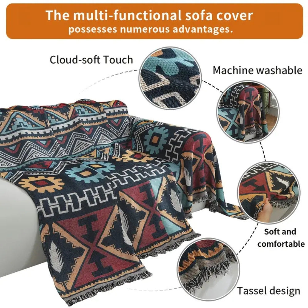 Nina | Capa para Sofá Padrão Geométrico Asteca Boho com Borlas