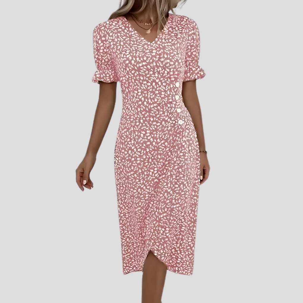Talia | Vestido Midi Floral Feminino Decote V Mangas Bufantes