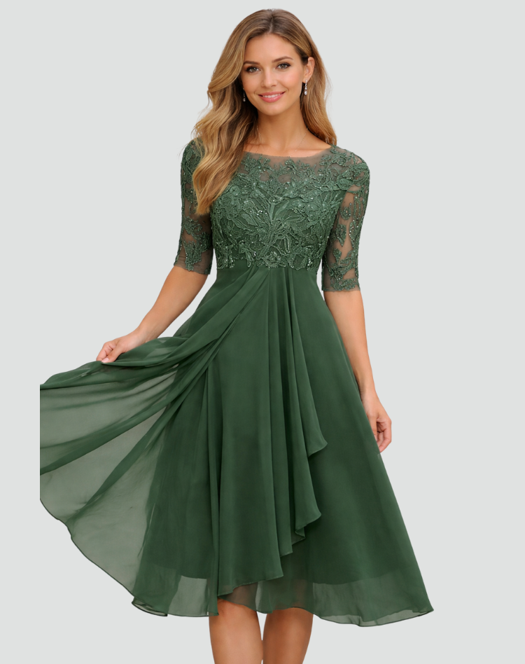 Vestido Midi de Festa Mulher | Renda, Manga Três Quartos | Corte Regular