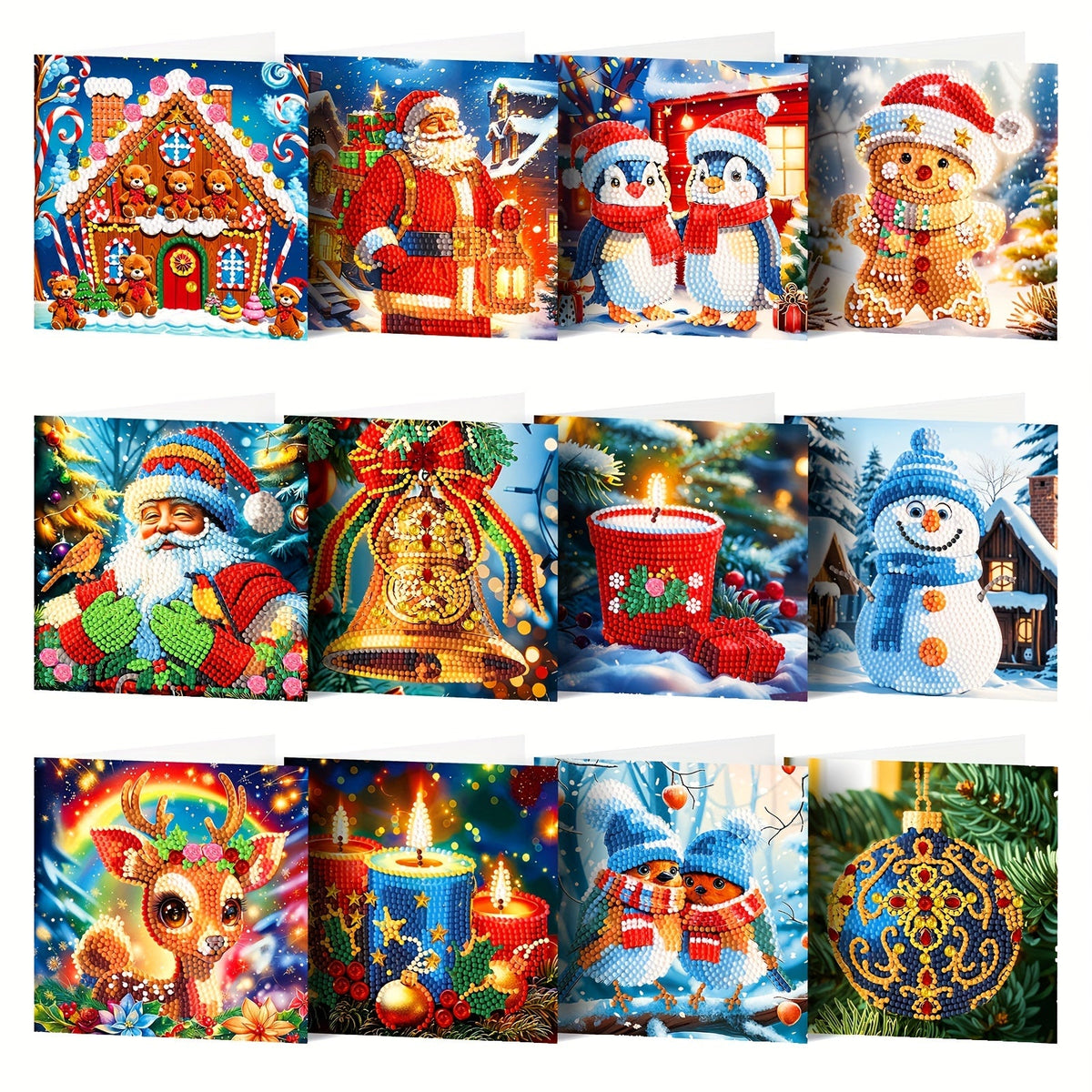 Linnea | Kit de Pintura Diamante DIY | 12 Cartões de Natal e Aniversário | Boneco de Neve e Rena
