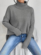 Mulher Camisola Tricot Gola Alta Assimétrica